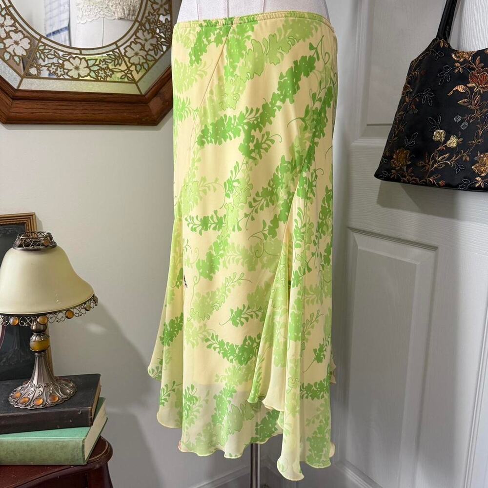 VTG Y2K Giorgio Fiorlini Yellow, Light Green Floral Butterfly Fairy Midi Skirt M